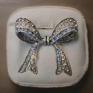 Silver Toned Baby Blue Rhinestone Bow Brooch Statement Piece Large 1.5" Ribbon